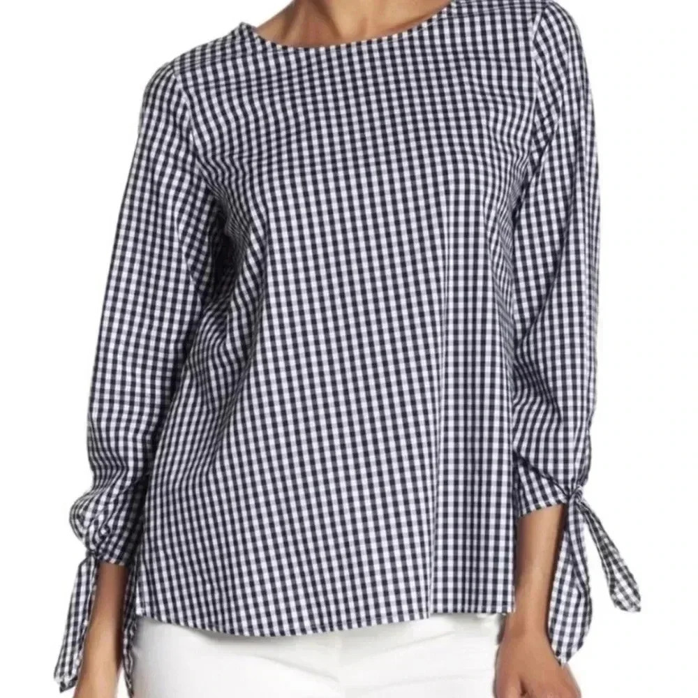 Vince Camuto Black and White Gingham Tie-Sleeve Blouse
